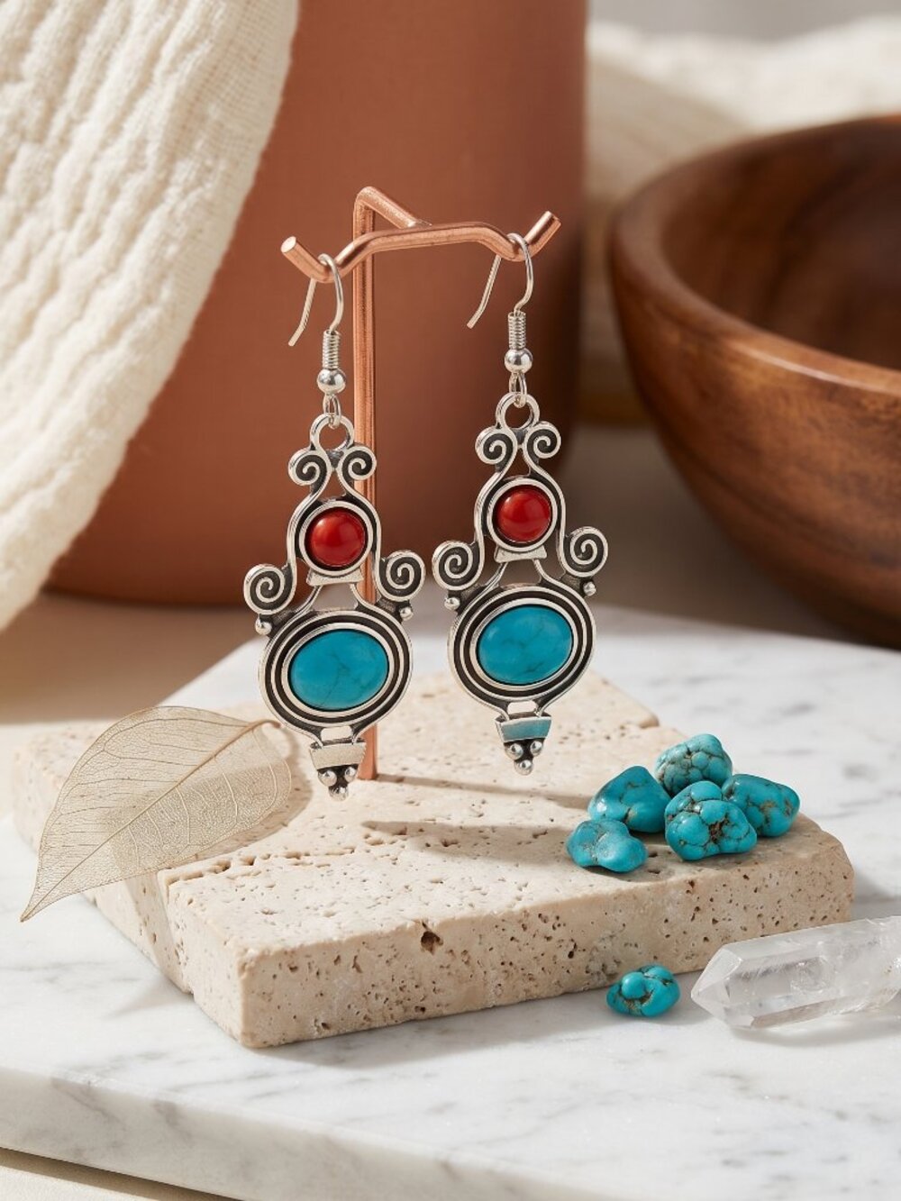 Silver Cuff Bracelet Earrings Set Turquoise Red Coral Southwestern Boho Filigree - Picture 11 of 15